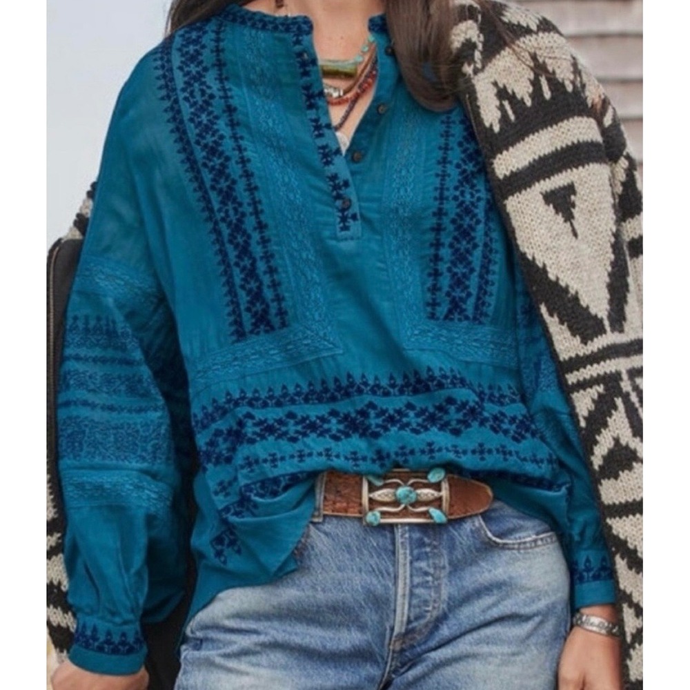 Sundance Teal Blue Embroidered Boho Blouse Crochet Lace Long Sleeve Top Small